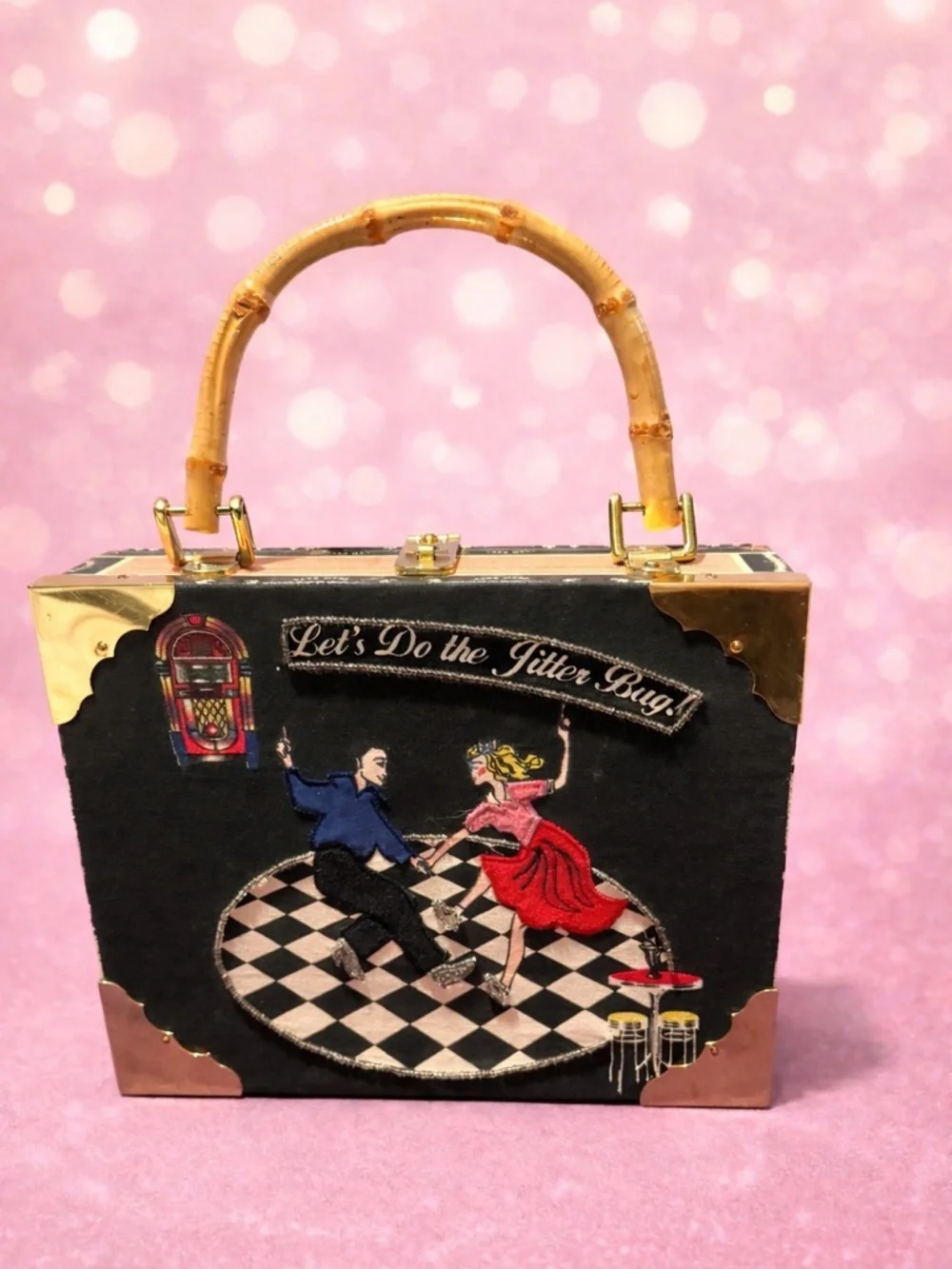 Vintage Cigar Box Purse Jitterbug Dancing Rockabilly Beaded Bamboo Handle Bag